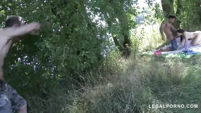 Three firs took possession of a skinny slut in the bushes