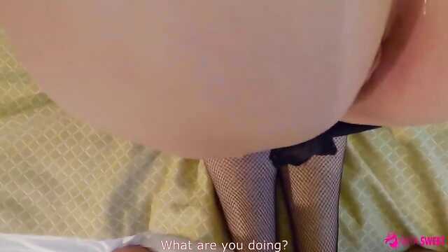 Maid in stockings on the bed satisfies the guy's desires