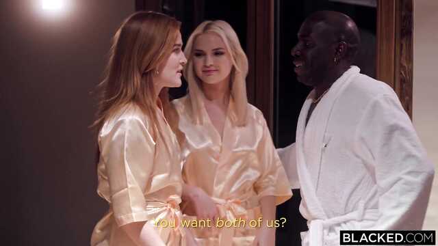 A redhead and her blonde friend are planted with pussies on a big black cock