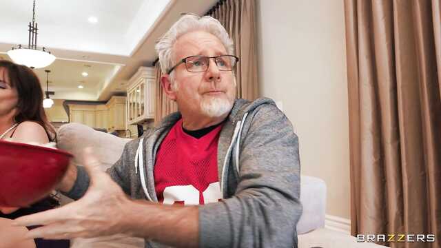 While a mature man was watching TV, his son fucked his busty wife and stepdaughter