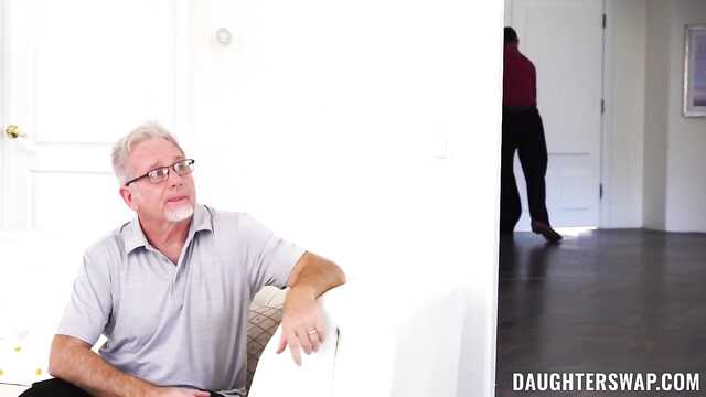 Two cuties under house arrest do not get bored when they are fucked by each other's daddies