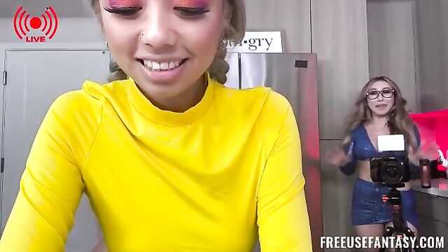 Two bloggers make content by fucking on camera with a hot bald man