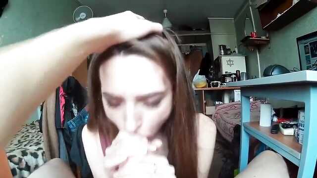 Stepsister sucks a dick in the dorm and tries to swallow all the sperm