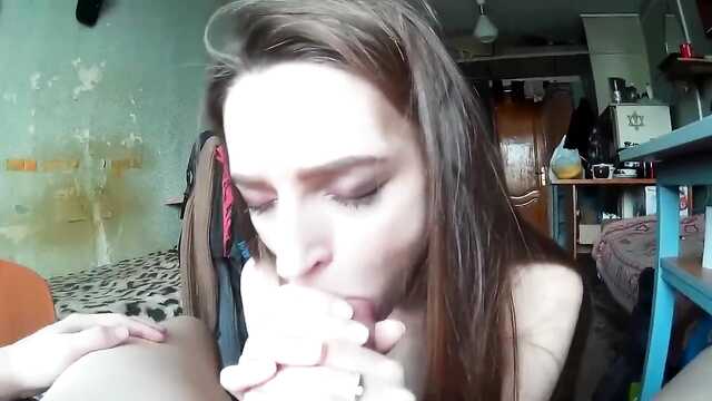 Stepsister sucks a dick in the dorm and tries to swallow all the sperm