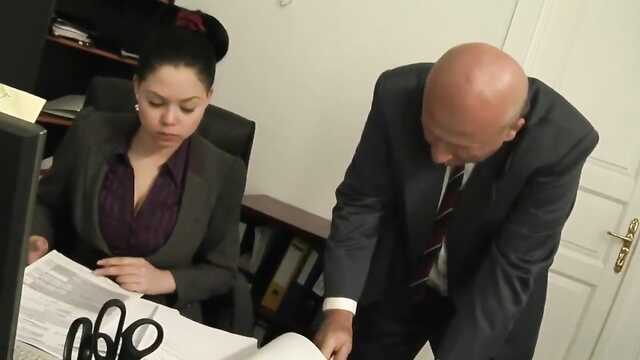 The busty secretary helped the bald boss to shudder, and did not refuse to fuck