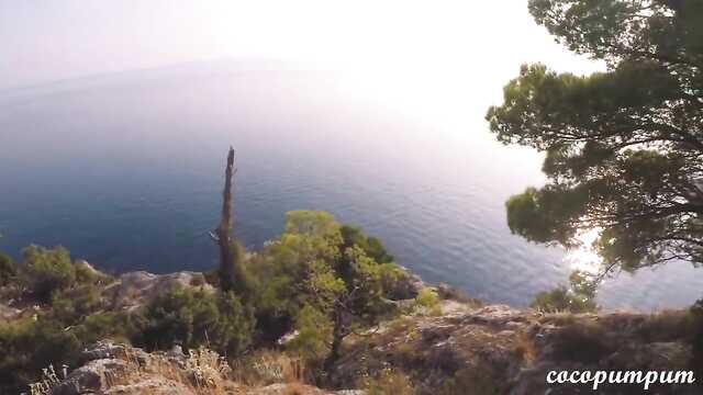 They climbed a mountain near the ocean and are crazy about blowjob with a vagina