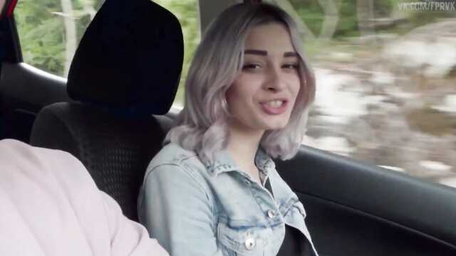 The blonde sucks her stepbrother's cock in the car, and then fucks with him in all the cracks at home on the couch