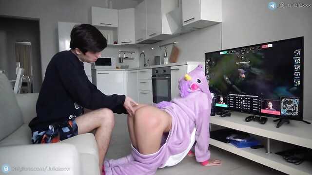 Playful Russian girl breeds a beer gamer for sex