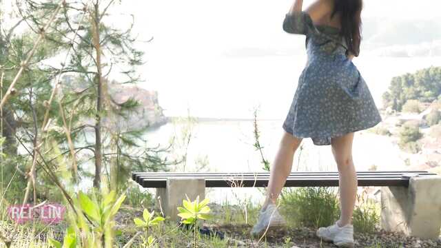 Laska wali konia cipkę na ławce w pobliżu rzeki