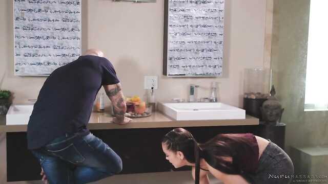 Passionate massage with oil from a beautiful brunette