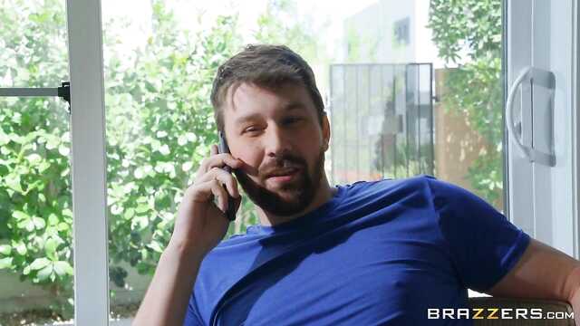 A big-boobed MILF caresses a courier's thick cock