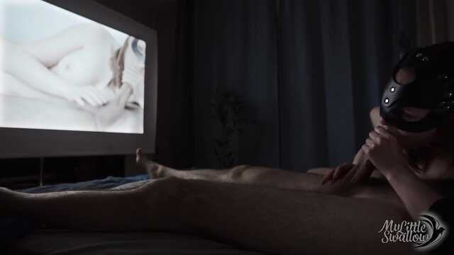 A professional girl with naked tits sucks a cock