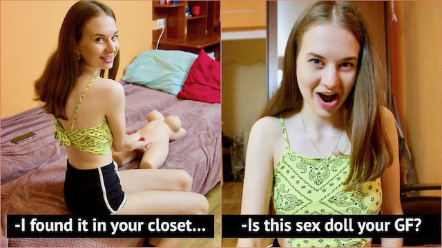 Fucking his slender girlfriend and a sex doll on the bed