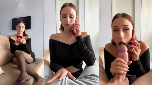 Тощая телка сосет любовнику и общается с другом