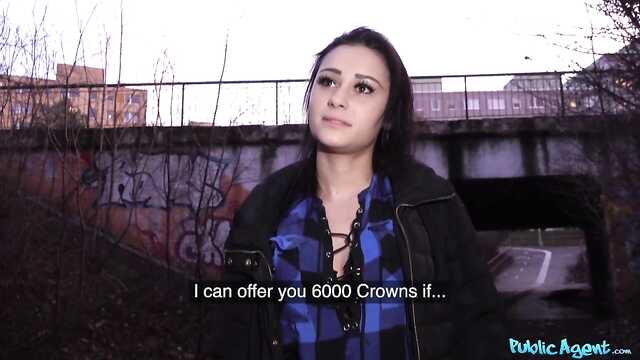 A brunette with a tattoo on her shoulder blade polishes a pick-up guy's penis