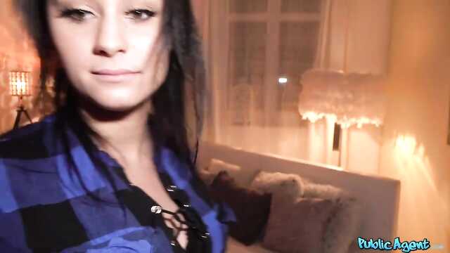 A brunette with a tattoo on her shoulder blade polishes a pick-up guy's penis