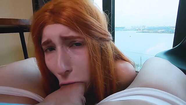 Soldered to the balls of a red-haired baby with long legs