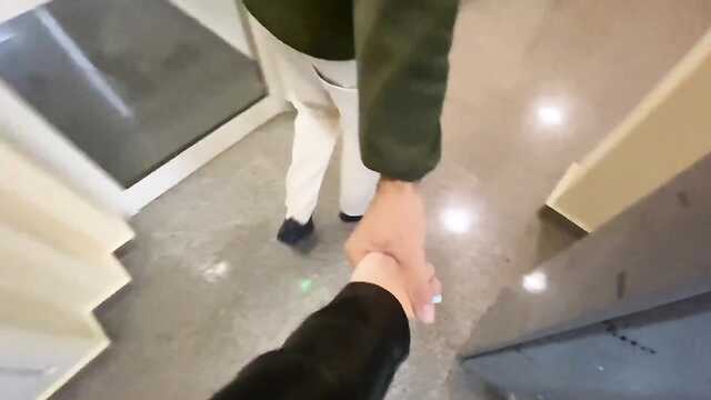 A girl in a leather jacket right in the elevator is ready for a spanking