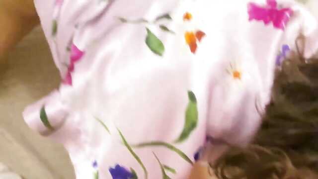 Guys after a shower gave a girl in a bathrobe a threesome