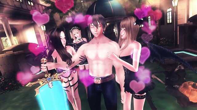 Trío de súcubos a horcajadas por un chico joven